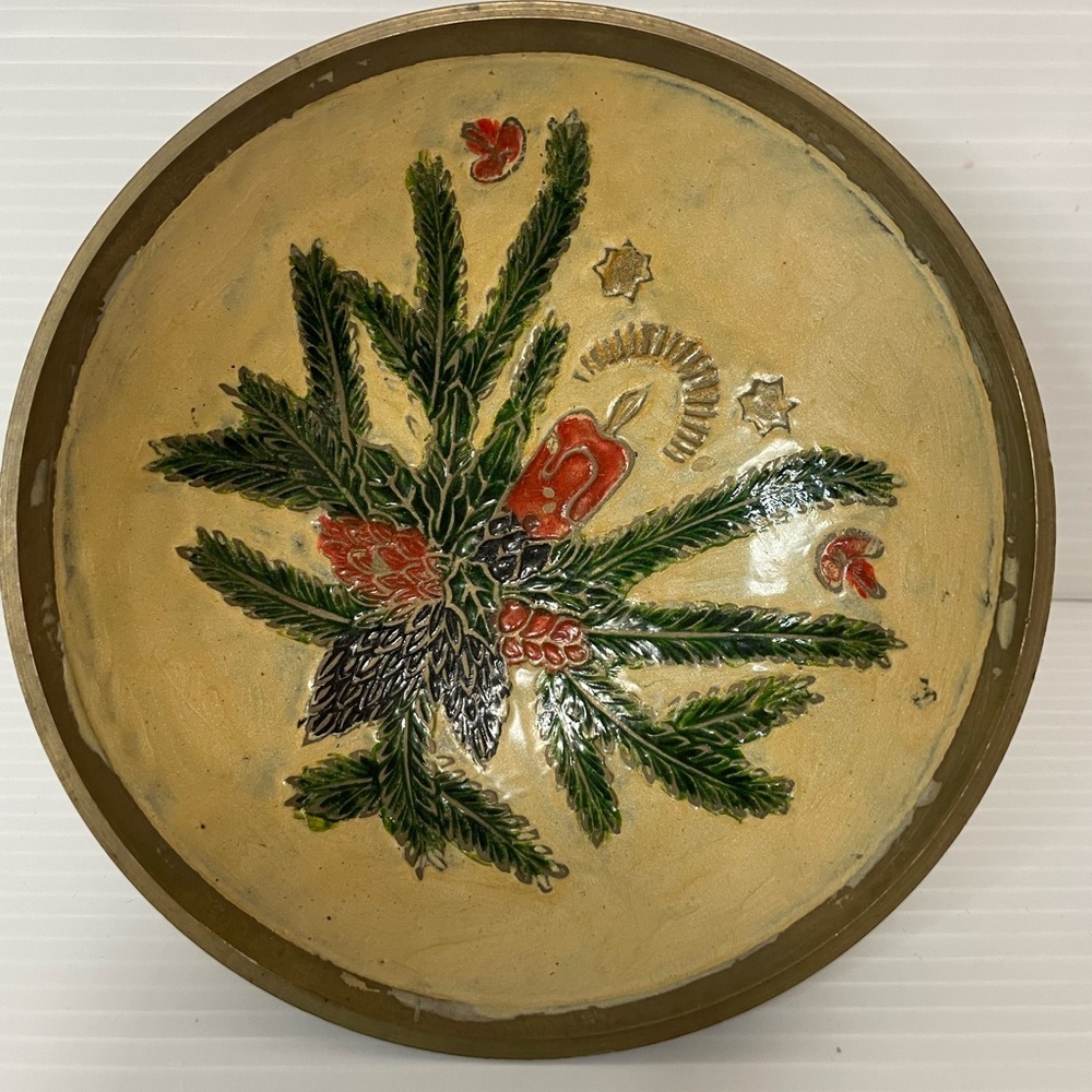 Vintage Christmas Candle Brass And Enamel Trinket Dish 5.5"x 2.5" Boho Retro MCM